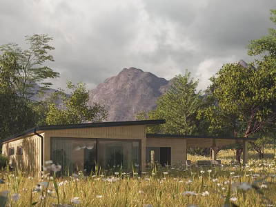 Rustic Log Cabin Surrounded by Green Trees Wildflowers and Mountain Backdrop Under Cloudy Sky 3d model