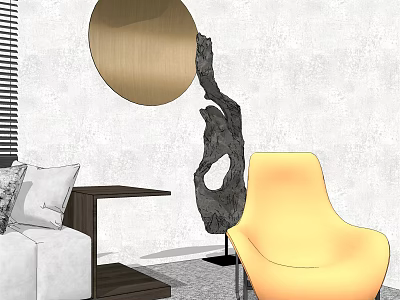 Modern Sofa Coffee Table Set With White Sofa Dark Table Yellow Chair Gold Round Mirror 3d model