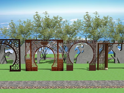 Modern Architectural Facade With Intricate Wooden Carvings And Lush Surrounding Greenery 3d model