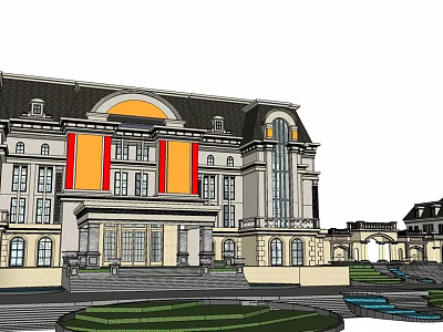 Elegant Classical Detached Villa Exterior Featuring Arched Windows Porch Steps Lawn And Water Feature 3d model