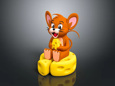 Happy Cartoon Mouse Sitting On Yellow Cheese Block Holding Small Cheese Piece 3d model