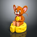 Happy Cartoon Mouse Sitting On Yellow Cheese Block Holding Small Cheese Piece