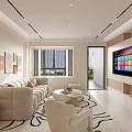 Modern Luxury Living and Dining Room Interior With Light Sofa Rug TV Wall And Windows