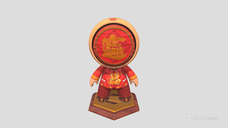 Traditional Character In Red Outfit With Circular Head And Golden Pattern On Wooden Base 3d model 