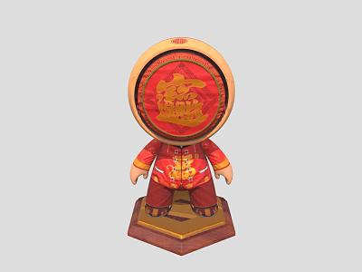 Traditional Character In Red Outfit With Circular Head And Golden Pattern On Wooden Base 3d model