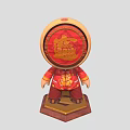 Traditional Character In Red Outfit With Circular Head And Golden Pattern On Wooden Base