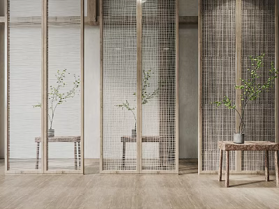 Modern Woven Wooden Room Divider In Interior With Potted Plants And Side Tables 3d model