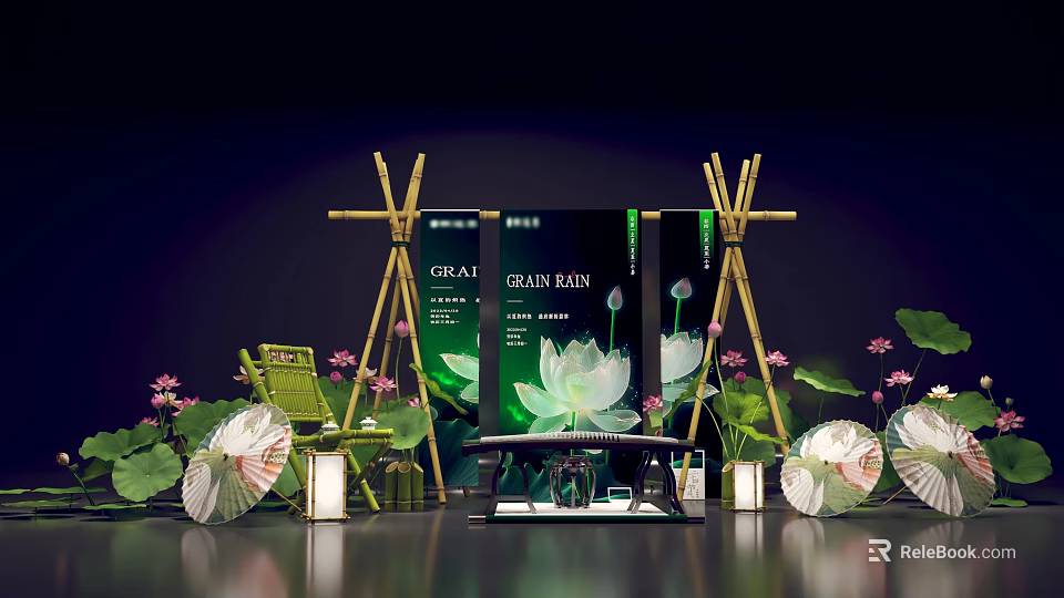 Scenic Photo Check-in Spot With CLEAN RAIN Sign Lotus Flowers Bamboo Structures Greenery And Lanterns 3d model