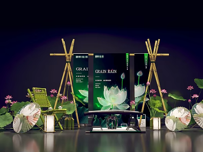 Scenic Photo Check-in Spot With CLEAN RAIN Sign Lotus Flowers Bamboo Structures Greenery And Lanterns 3d model