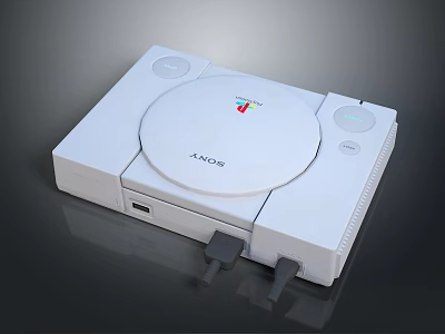 White Sony Classic PlayStation Console With Connected Cables And Vintage Design 3d model