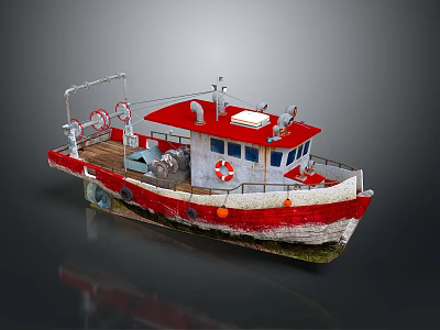 Red and White Working Boat with Deck Lifebuoy and Essential Equipment 3d model