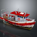 Red and White Working Boat with Deck Lifebuoy and Essential Equipment
