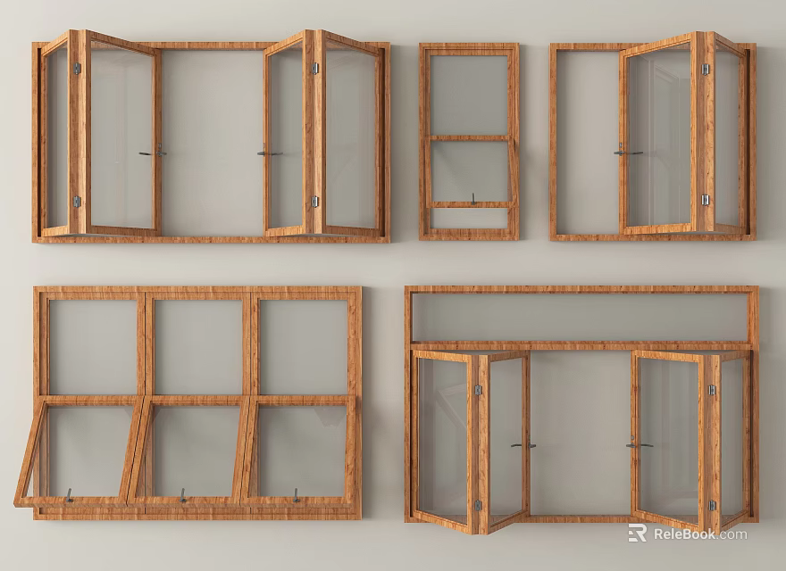 Various Wooden Window Designs With Different Frame Styles And Open Closed Positions 3d model