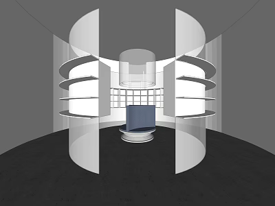 Modern Display Space With Circular Stand Laptop Curved White Shelves Gray Walls And Black Floor 3d model