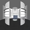 Modern Display Space With Circular Stand Laptop Curved White Shelves Gray Walls And Black Floor