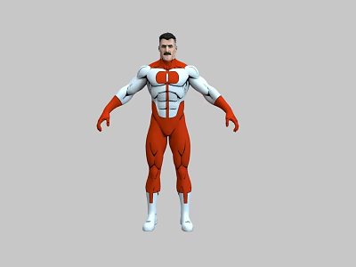 Muscular Man in Red and White Tight Costume Standing Pose Against Gray Background 3d model