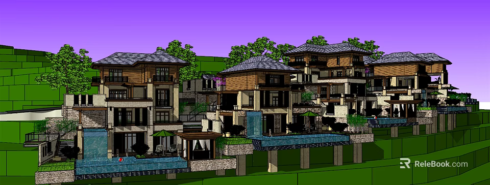 Luxurious Single Family Villa With Tiled Roof Multiple Floors Swimming Pool And Surrounding Trees 3d model 