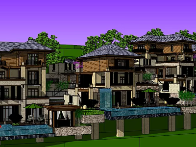 Luxurious Single Family Villa With Tiled Roof Multiple Floors Swimming Pool And Surrounding Trees 3d model