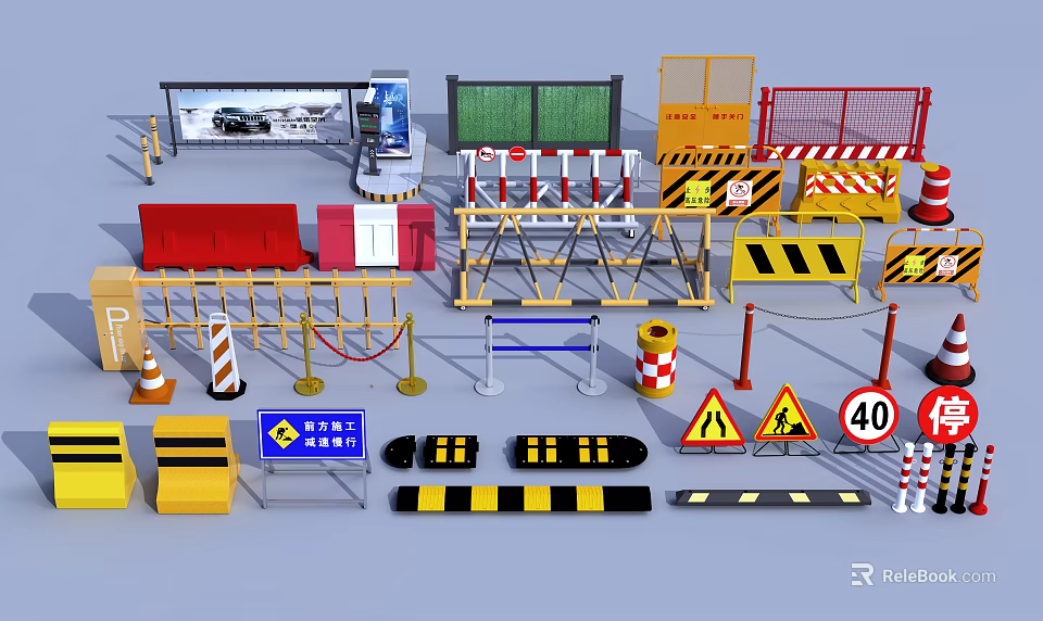 Traffic Signs And Road Safety Equipment Including Barriers Cones And Speed Limit Signs 3d model 
