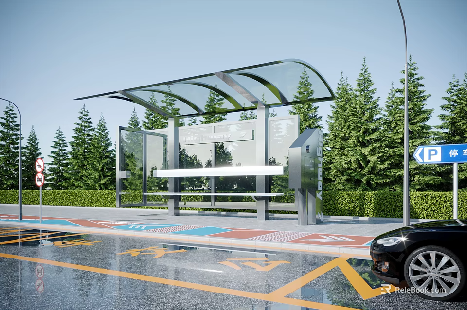 Modern Bus Station With Transparent Roof Bench Green Trees And Black Car 3d model 