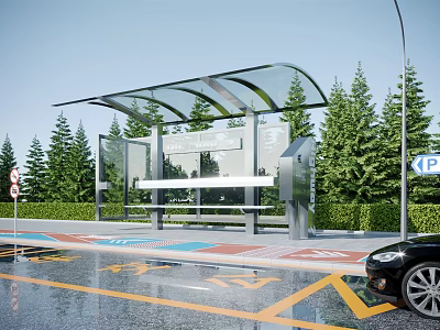 Modern Bus Station With Transparent Roof Bench Green Trees And Black Car 3d model