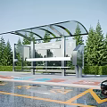 Modern Bus Station With Transparent Roof Bench Green Trees And Black Car