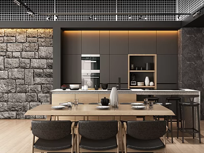 Modern Kitchen Interior With Stone Wall Dark Cabinets Island Counter And Dining Table 3d model