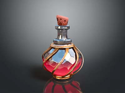 Elegant Decorative Glass Bottle With Red Transparent Body And Gold Accents And Cork Stopper 3d model