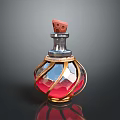 Elegant Decorative Glass Bottle With Red Transparent Body And Gold Accents And Cork Stopper