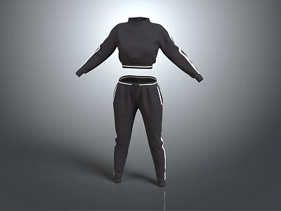 Black Sporty Tracksuit with Cropped Top and White Striped Pants Two Piece Activewear Set 3d model