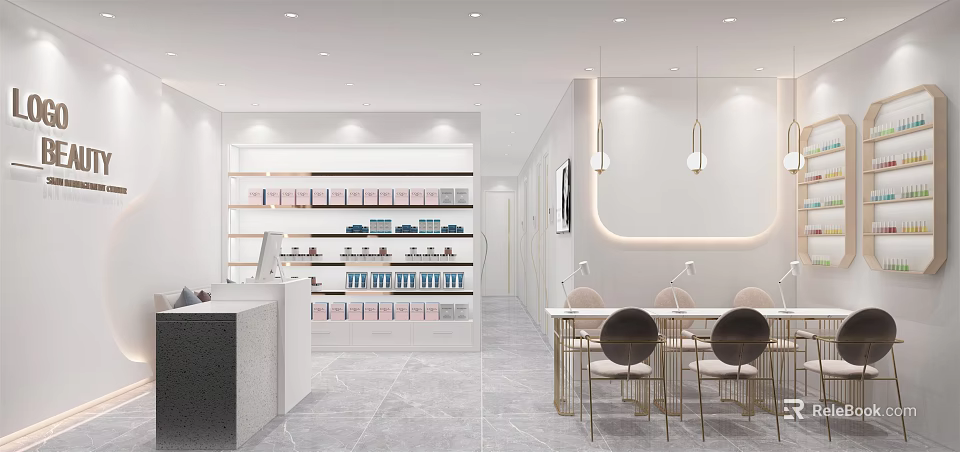 Modern Style Beauty Hair Salon Interior With Reception Desk Product Shelves And Styling Chairs 3d model 