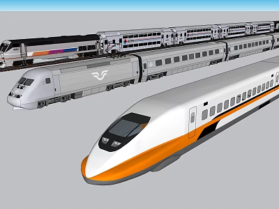 Modern High Speed Trains With Streamlined Noses And Various Color Designs Displayed Together 3d model