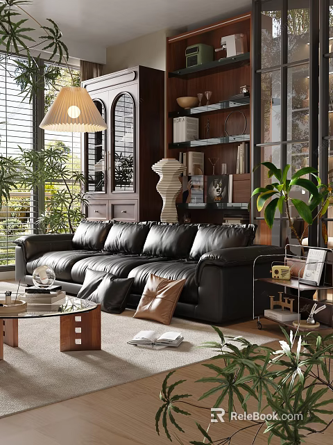 Retro Cozy Living Room Interior With Large Black Leather Sofa And Lush Indoor Green Plants 3d model 
