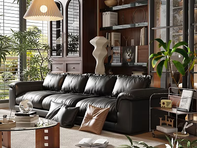 Retro Cozy Living Room Interior With Large Black Leather Sofa And Lush Indoor Green Plants 3d model