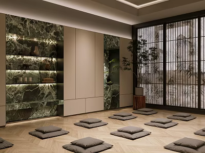 Serene Lounge Room Interior With Marble Walls Open Shelves Wooden Flooring And Floor Mats 3d model