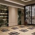 Serene Lounge Room Interior With Marble Walls Open Shelves Wooden Flooring And Floor Mats