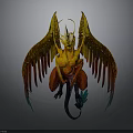 Fantasy Mythical Winged Creature with Golden Red Wings Horned Head And Blue Glowing Tail