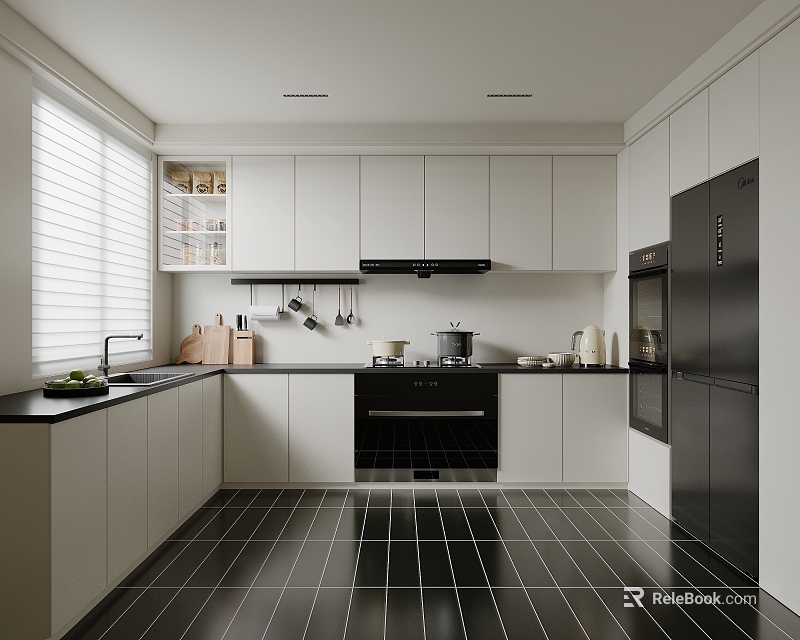 Modern Kitchen Interior With White Cabinets Black Countertops Window Blinds And Black Refrigerator 3d model 
