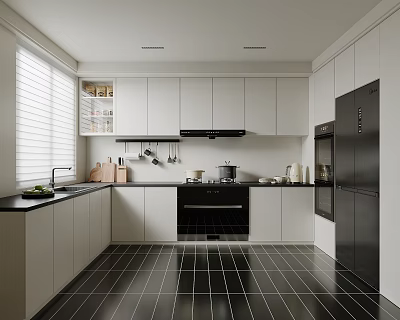 Modern Kitchen Interior With White Cabinets Black Countertops Window Blinds And Black Refrigerator 3d model