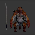 Humanoid Tiger Standing With Tattoos Carrying Swords And Long Blade Nearby