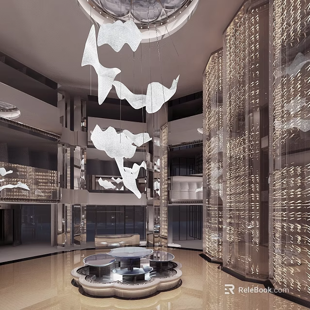 Elegant Modern Hotel Lobby Interior With Unique Chandelier Decorative Walls And Comfortable Seating 3d model 