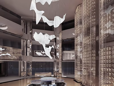 Elegant Modern Hotel Lobby Interior With Unique Chandelier Decorative Walls And Comfortable Seating 3d model