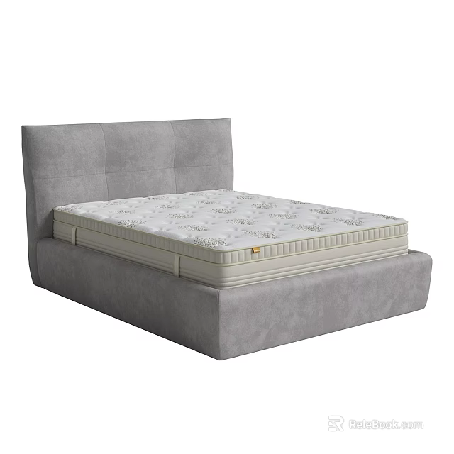 Grey Upholstered Double Bed with Comfortable Mattress and Modern Frame 3d model 