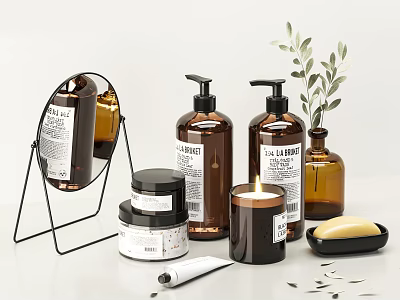 Modern Bathroom Accessories With Brown Bottles Jars Mirror Candle Soap And Green Leaves 3d model