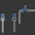 Industrial Hardware Tools Three Metal Valves With Blue Handwheels And Pipes