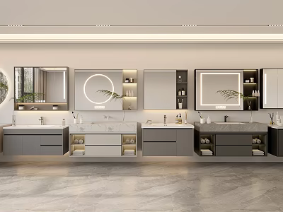 Modern Bathroom Vanity With Multiple Washbasins Mirrors And Storage Cabinets 3d model