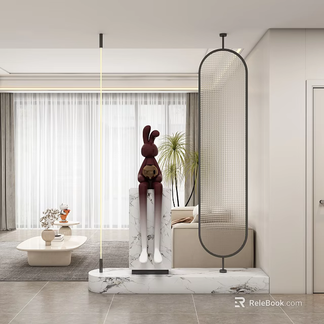 Modern Entryway Hallway With Red Rabbit Sculpture On Marble Countertop And Metal Screen 3d model 