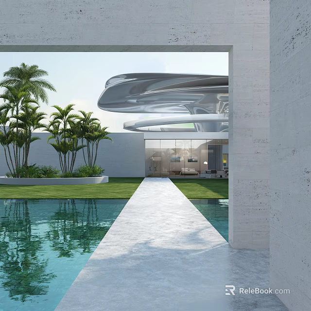 Modern Garden Landscape With Reflecting Pool Palm Trees Lawn And Pathway To Glass Doors 3d model 