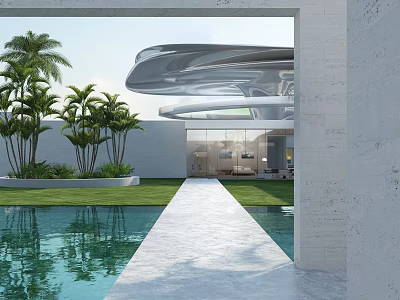 Modern Garden Landscape With Reflecting Pool Palm Trees Lawn And Pathway To Glass Doors 3d model
