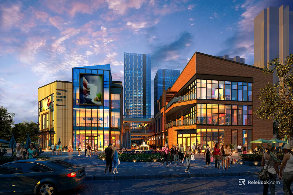 Bustling Modern Commercial Street Plaza With Illuminated Buildings Shops And Pedestrians 3d model 